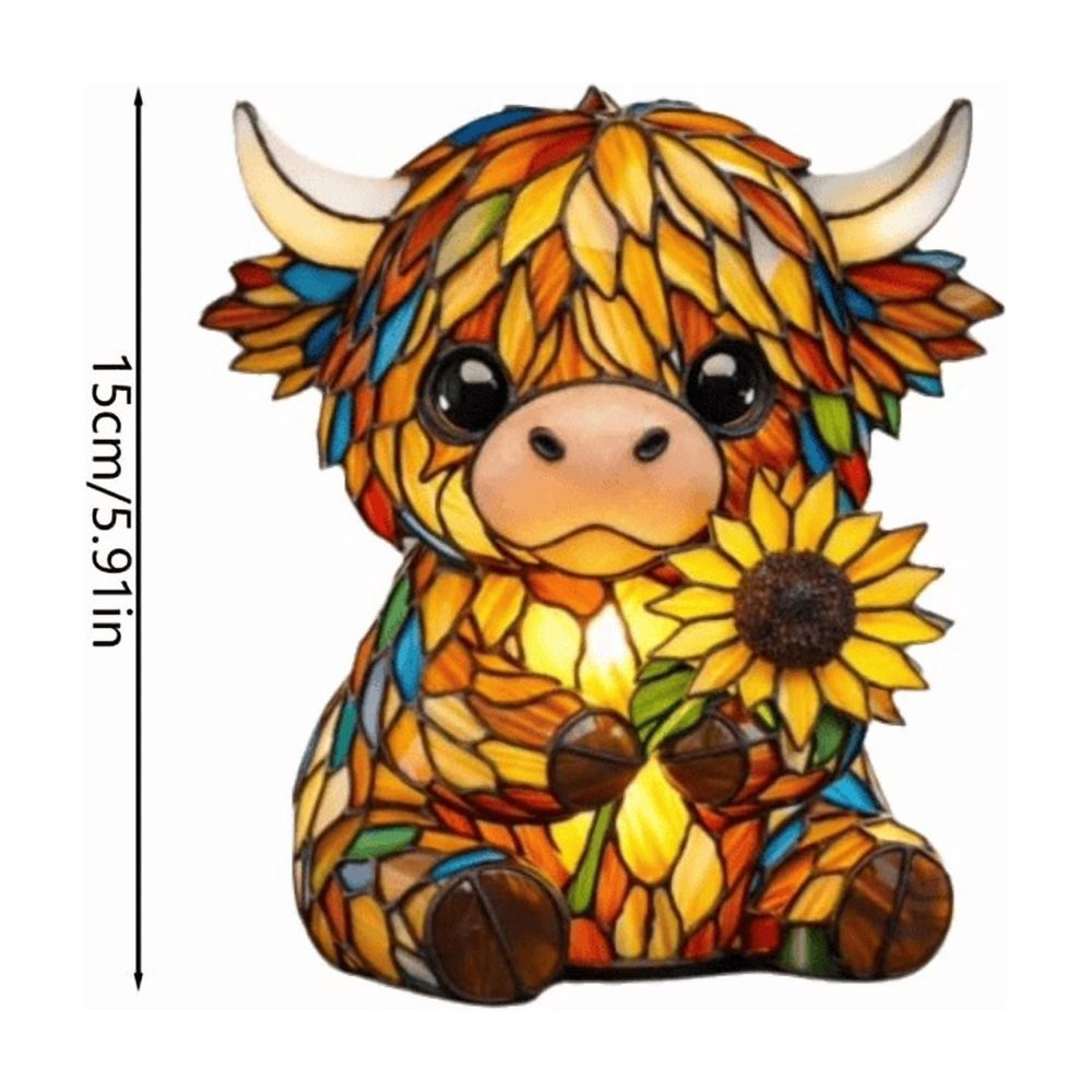 Cow Sunflower Lamp, Stained Glass Style Resin Night Light, USB Powered Warm LED Cow Decor, 9 Inch Whimsical Animal Lamp for Bookshelf Nightstand Office