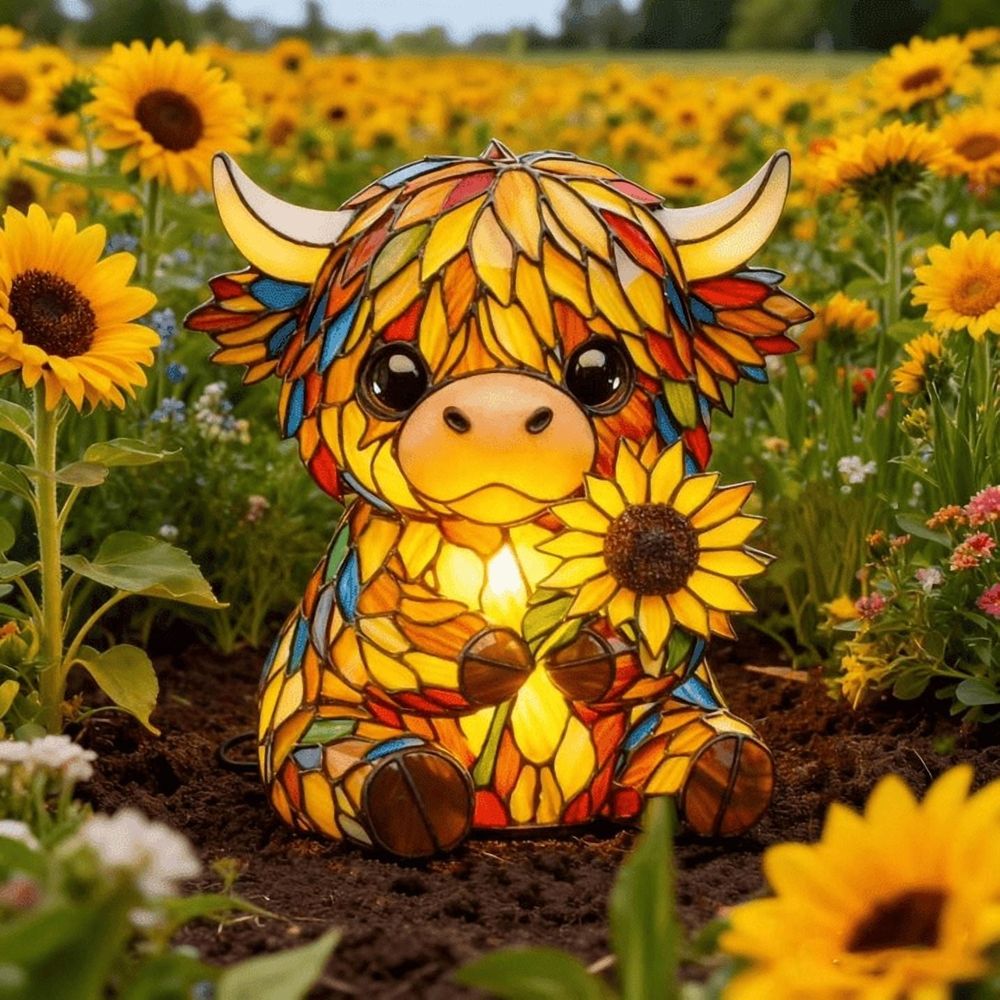 Cow Sunflower Lamp, Stained Glass Style Resin Night Light, USB Powered Warm LED Cow Decor, 9 Inch Whimsical Animal Lamp for Bookshelf Nightstand Office