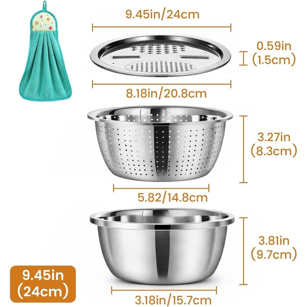 Multifunctional Stainless Steel Mixing Bowls Set with Colander Strainer & Shredding Lid, All-in-One Kitchen Basin for Fruit Vegetable Washing Draining Food Prep