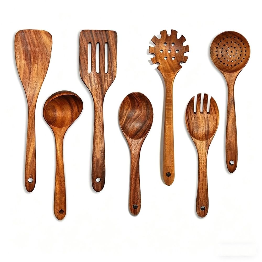 7 Piece Natural Teak Wood Kitchen Utensil Set, Handmade Wooden Cooking Tools for Non-Stick Cookware, Heat Resistant Spatula and Spoon Set with Salad Fork