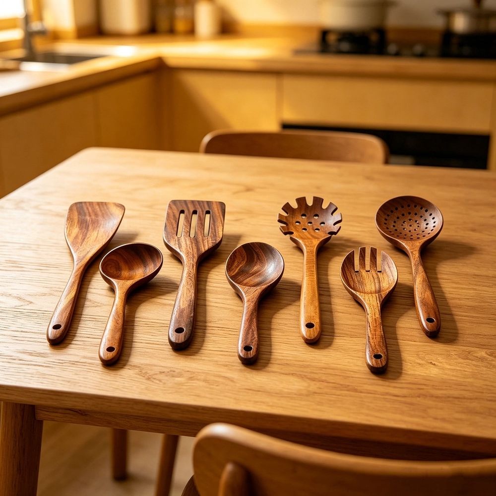 7 Piece Natural Teak Wood Kitchen Utensil Set, Handmade Wooden Cooking Tools for Non-Stick Cookware, Heat Resistant Spatula and Spoon Set with Salad Fork