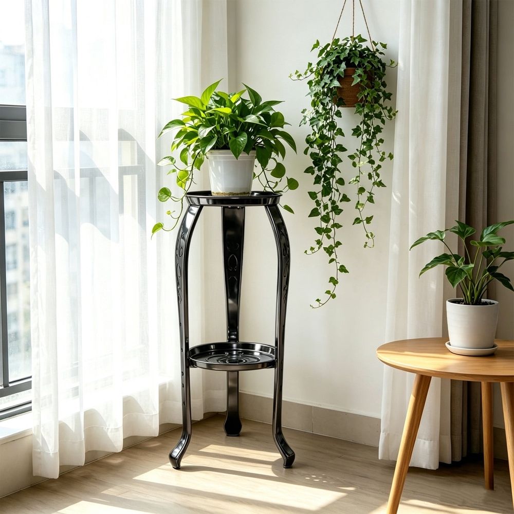 2 Tier Rustproof Wrought Iron Plant Stand, Minimalist White Black Flower Pot Display Holder, Stable Space Saving Rack for Indoor Balcony Patio Garden Home Decor