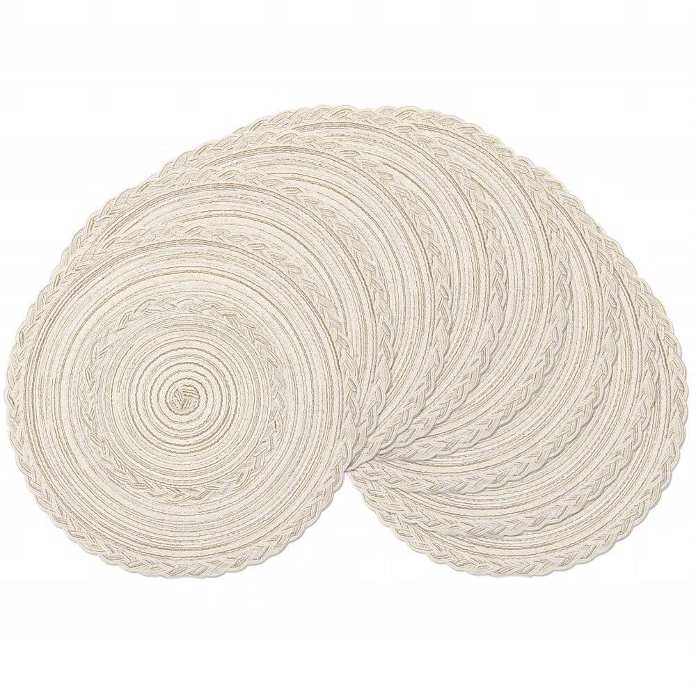 Boho Round Placemats Set of 8 Braided Border Round Place Mats 15 inch Washable Dining Table Mats for Home Wedding Holiday Party (Ivory Bordered,8)
