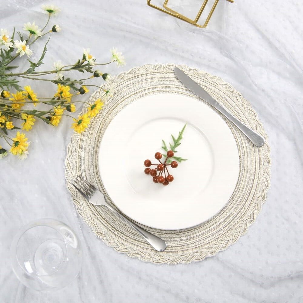 Boho Round Placemats Set of 8 Braided Border Round Place Mats 15 inch Washable Dining Table Mats for Home Wedding Holiday Party (Ivory Bordered,8)
