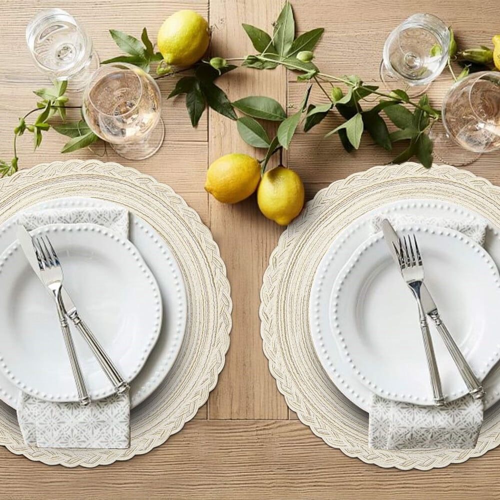 Boho Round Placemats Set of 8 Braided Border Round Place Mats 15 inch Washable Dining Table Mats for Home Wedding Holiday Party (Ivory Bordered,8)