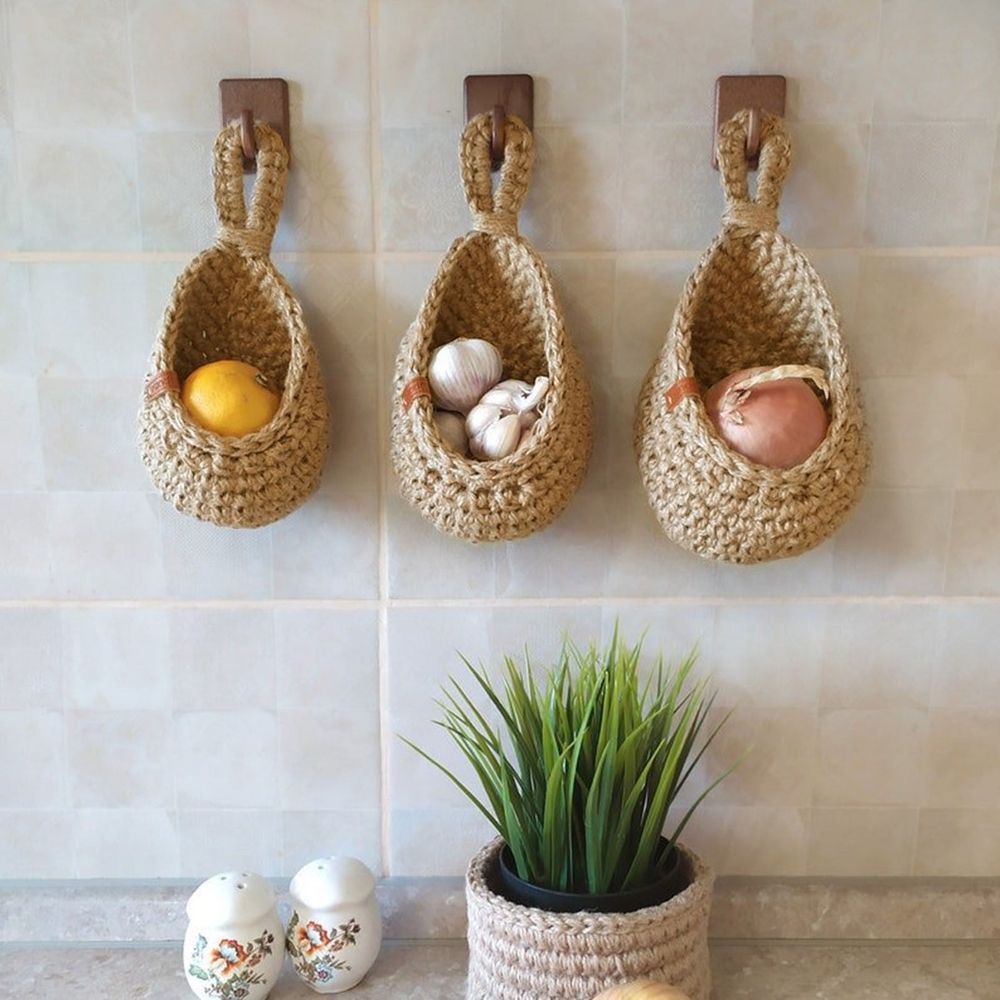 Hanging Wall Vegetable Fruit Baskets, Boho Jute Hanging Basket For Pantry Potato Garlic Onion Fruit Storage Handwoven Decorative Kitchen Organizer And Wall Planter Holder