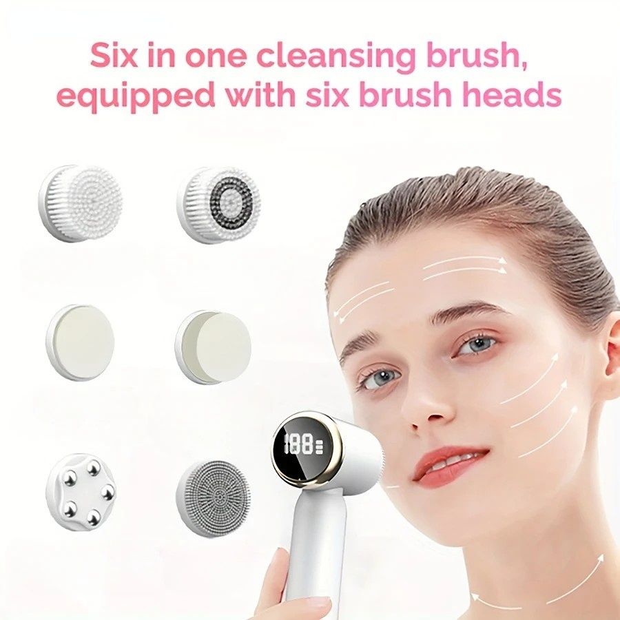 6-in-1 Electric Facial Cleanser, 3-Speed, LED Display(WHITE)