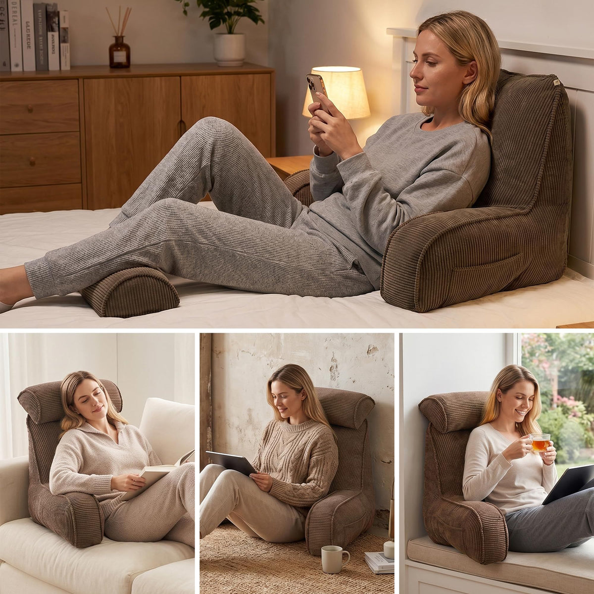 Bed Backrest Reading Pillow with Arms for Long Sitting, Gaming, and Relaxation, 80*40*60cm (Brown)