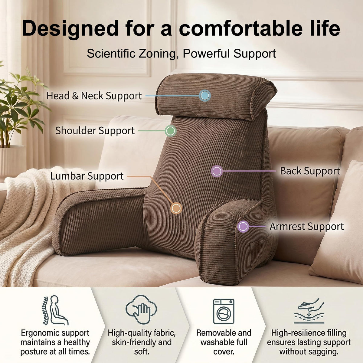 Bed Backrest Reading Pillow with Arms for Long Sitting, Gaming, and Relaxation, 80*40*60cm (Brown)