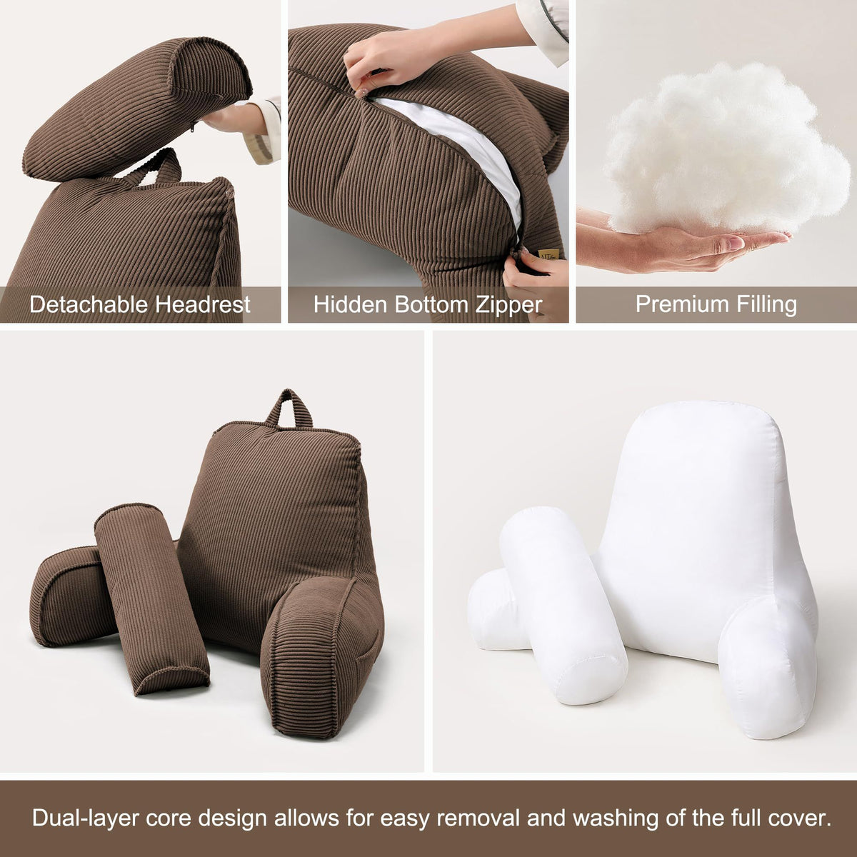 Bed Backrest Reading Pillow with Arms for Long Sitting, Gaming, and Relaxation, 80*40*60cm (Brown)