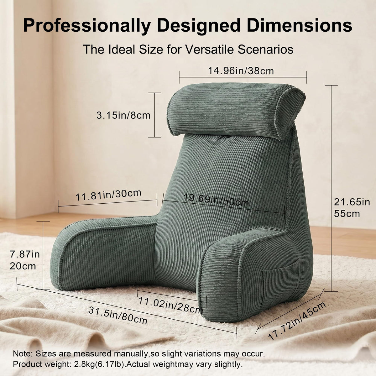 Cozy Reading Pillow for Sofa & Bed - Perfect for Relaxing, Reading, Gaming & More, 80*40*60cm (Dark Grey-Green)