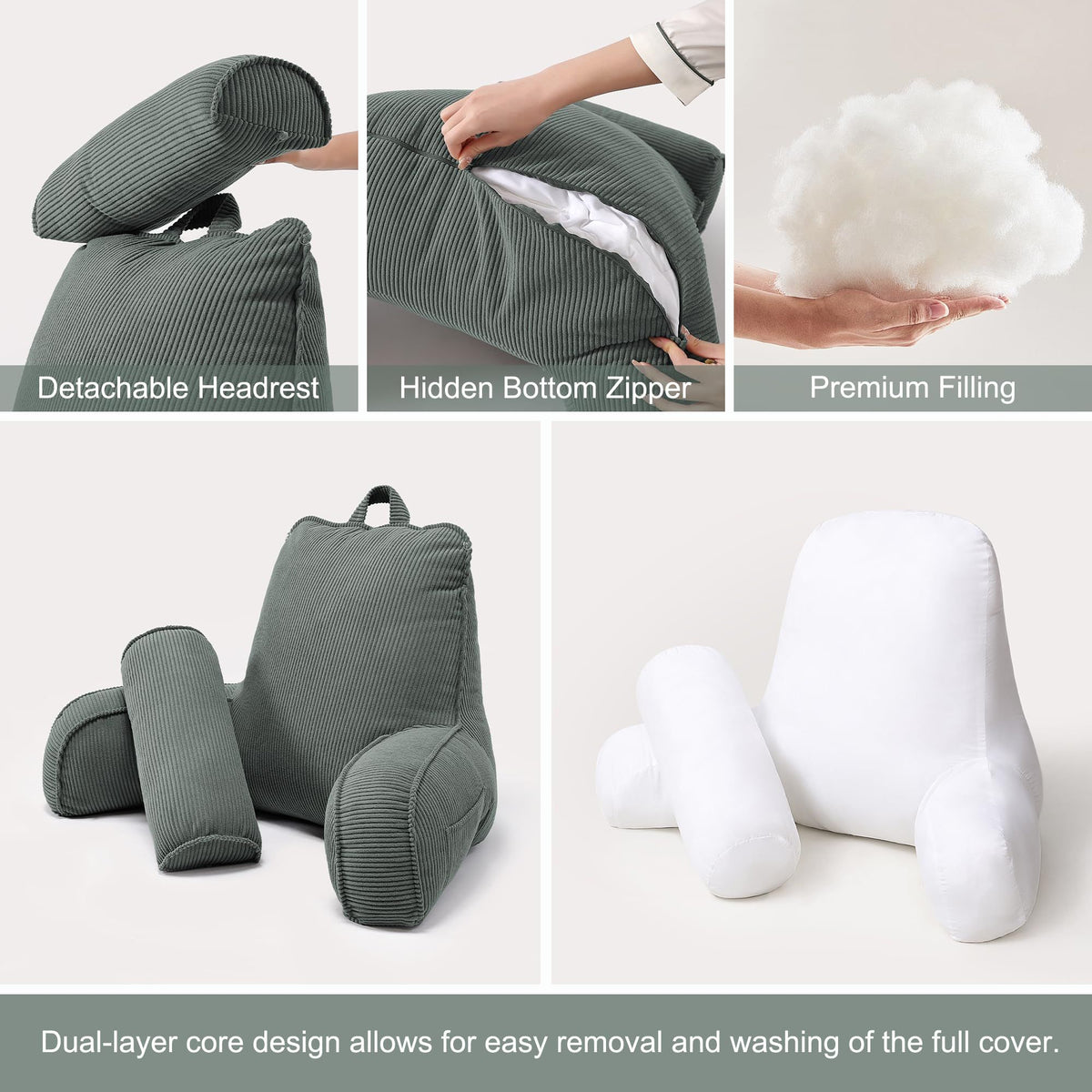 Cozy Reading Pillow for Sofa & Bed - Perfect for Relaxing, Reading, Gaming & More, 80*40*60cm (Dark Grey-Green)