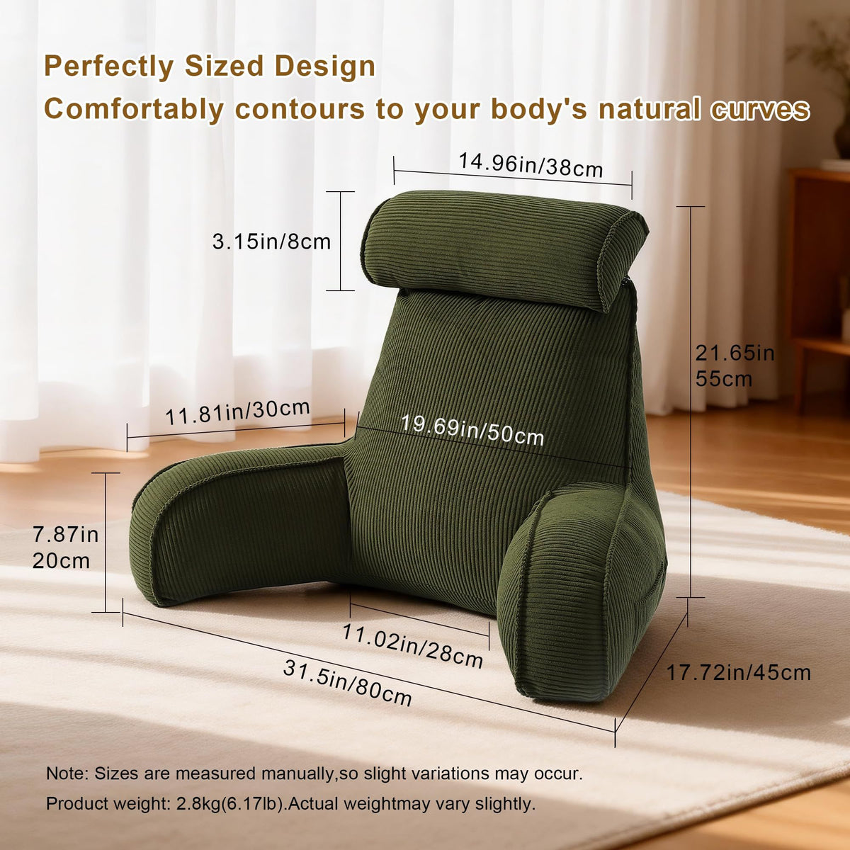 Bedrest Pillow with Arms for Reading, Gaming, Lounging on Bed or Couch, 80*40*60cm (olive green)
