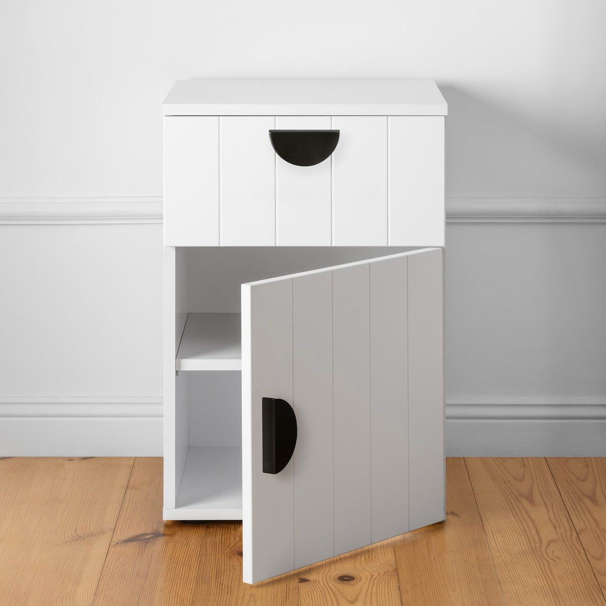PORTO BEDSIDE TABLE - WHITE - VJ PANEL - HALF MOON BLACK