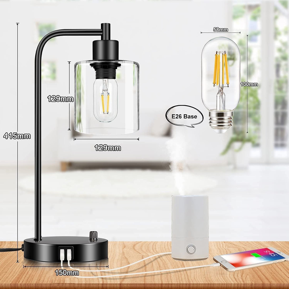 2x Pack Industrial Table Lamp with 2 USB Port