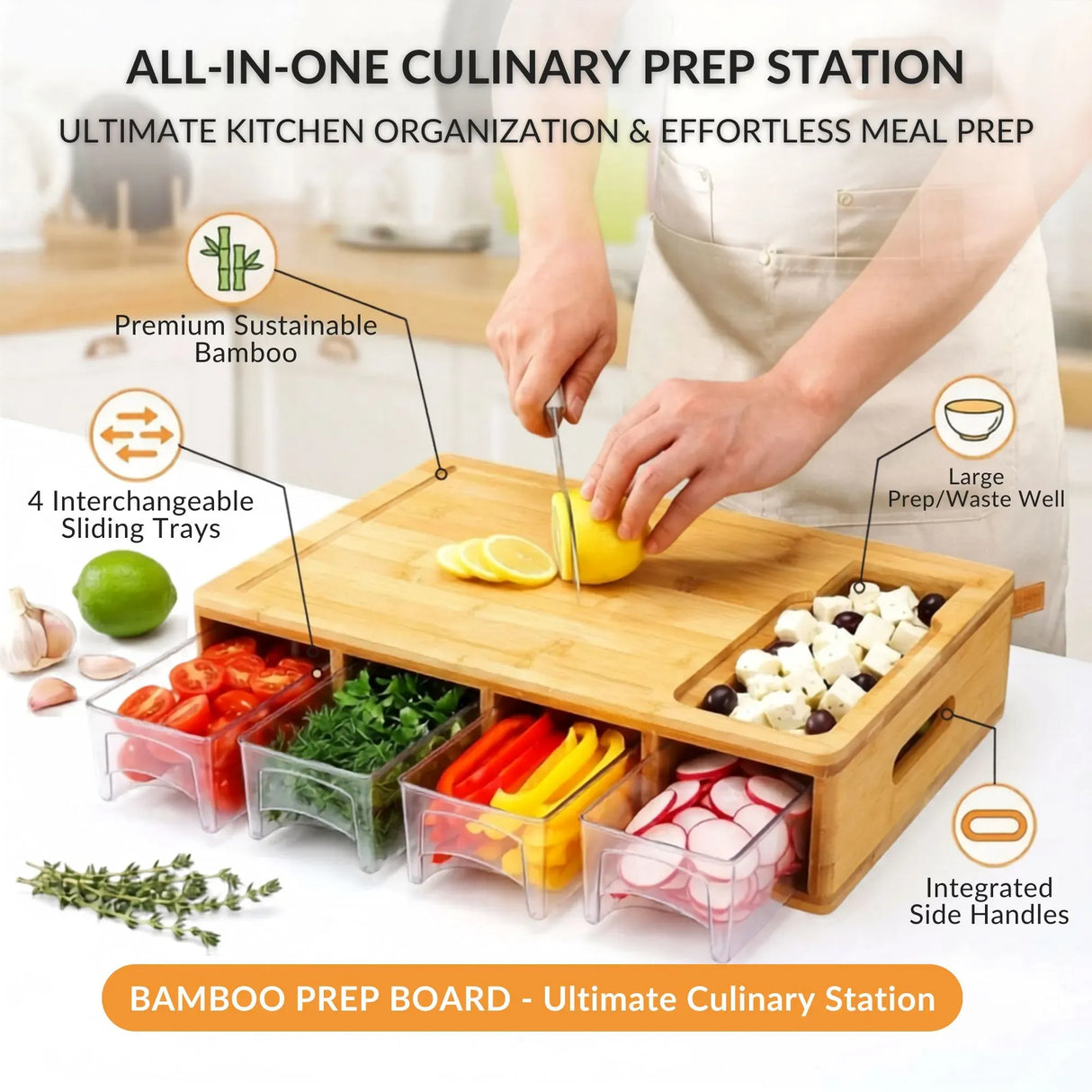 Large Bamboo Cutting Board and 4 Containers with Mobile Holder gift included for Home Kitchen