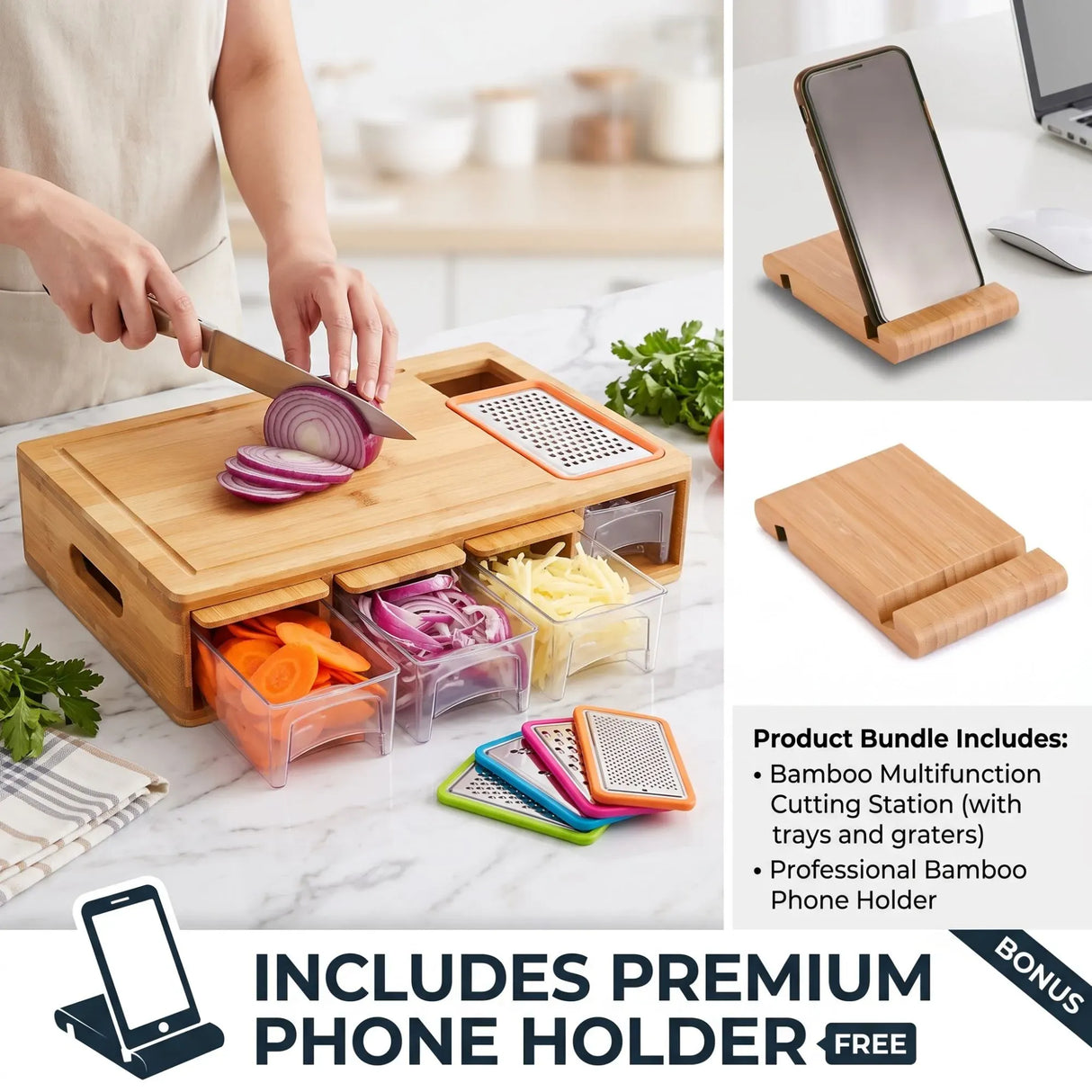 Large Bamboo Cutting Board and 4 Containers with Mobile Holder gift included for Home Kitchen