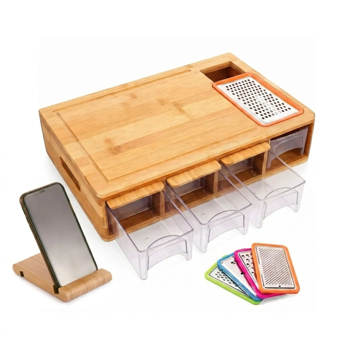 Large Bamboo Cutting Board and 4 Containers with Mobile Holder gift included for Home Kitchen
