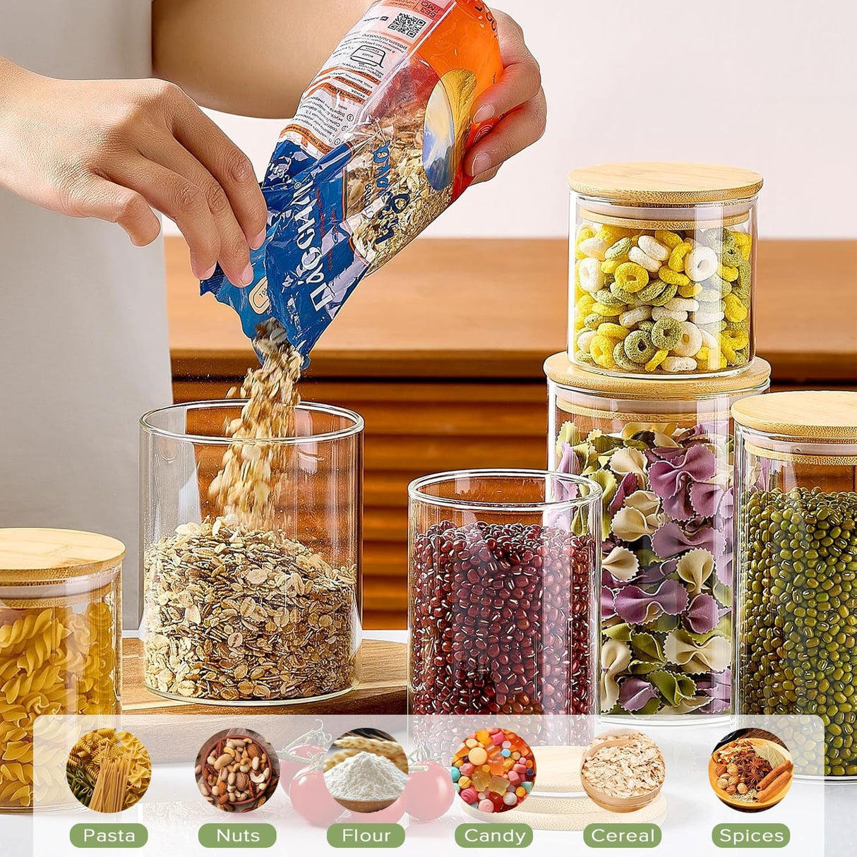 CARLA HOME 6 Pack Glass Storage Jars with Bamboo Lids