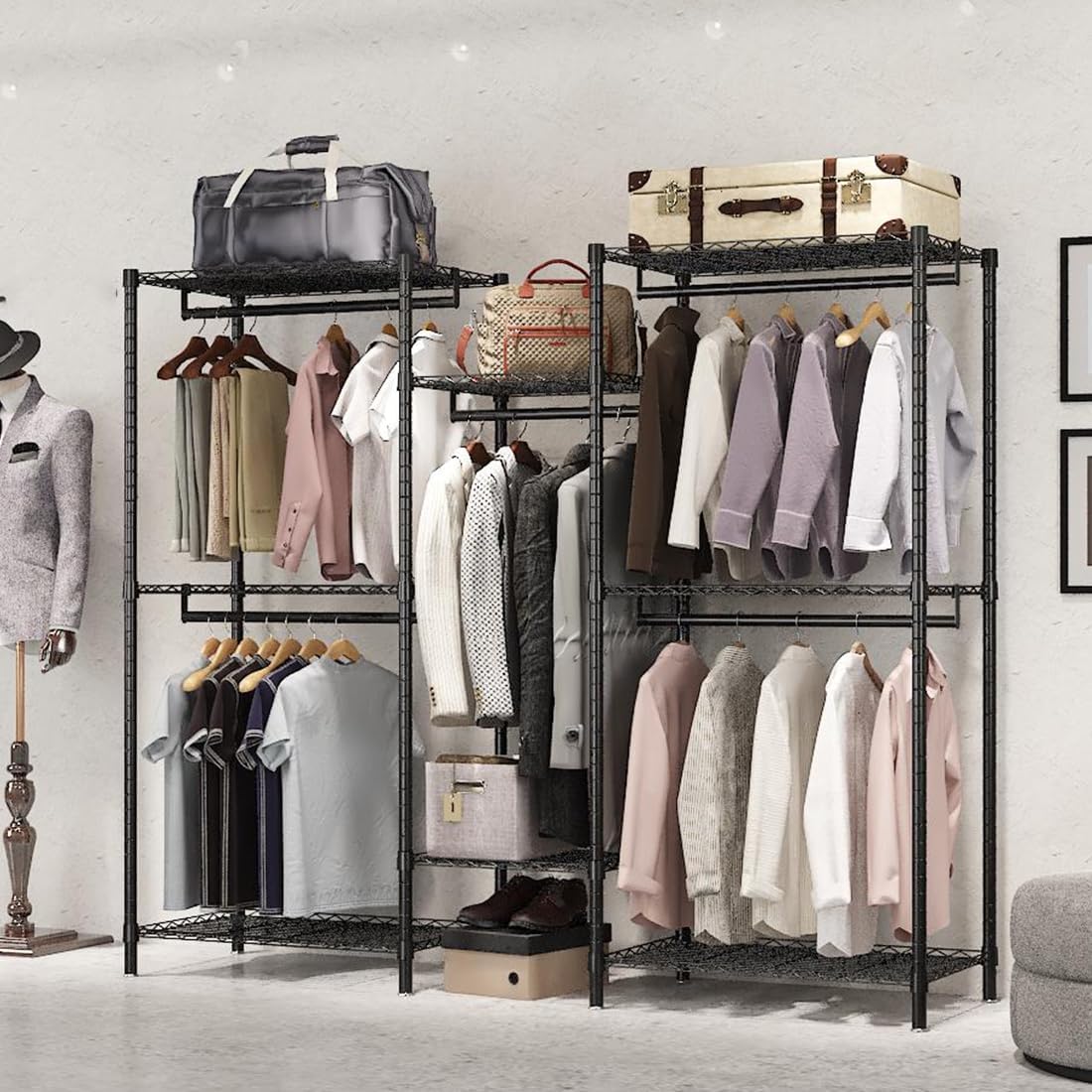 CARLA HOME Heavy Duty Clothing Garment Rack Organizer with Hanging Rods & Storage Shelves for Clothes, Shoes & Wardrobe
