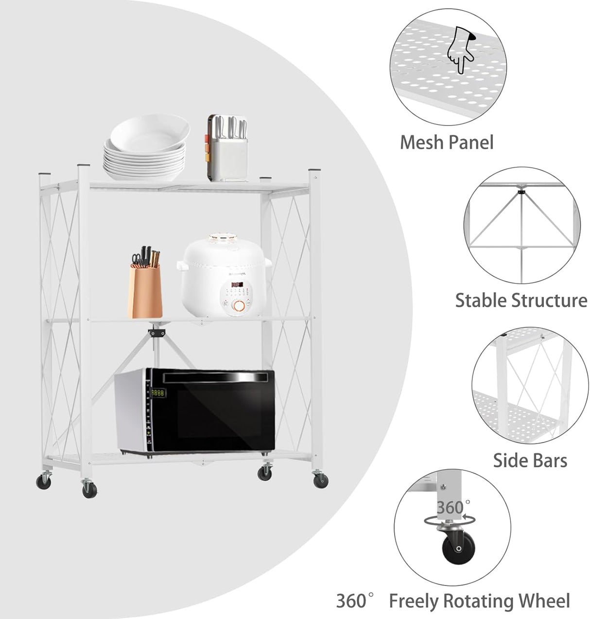 CARLA HOME 3-Tier Foldable Storage Shelf with Wheels for Kitchen, Garage, Pantry or Basement (White)
