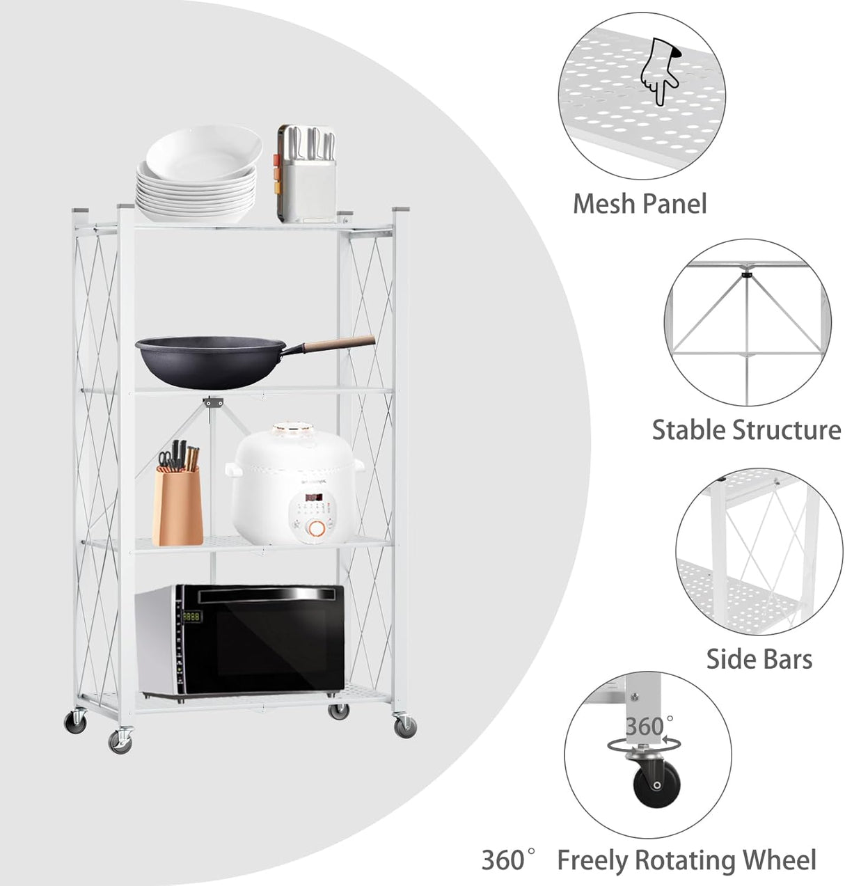 CARLA HOME 4-Tier Foldable Storage Shelf with Wheels for Kitchen, Garage, Pantry or Basement (White)