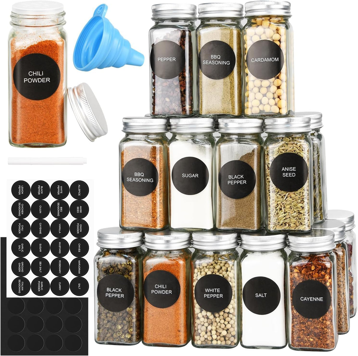 CARLA HOME 24 Glass Spice Jars with Lids, Shaker Tops, 180 Spice Labels, White Pen & Funnel for Kitchen Organization, Spice Rack, Seasoning & Herb Storage