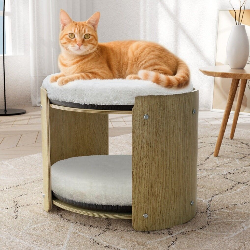 Elevated Double Cat Bed 2-Tier Wooden Plush Kitten Lounge