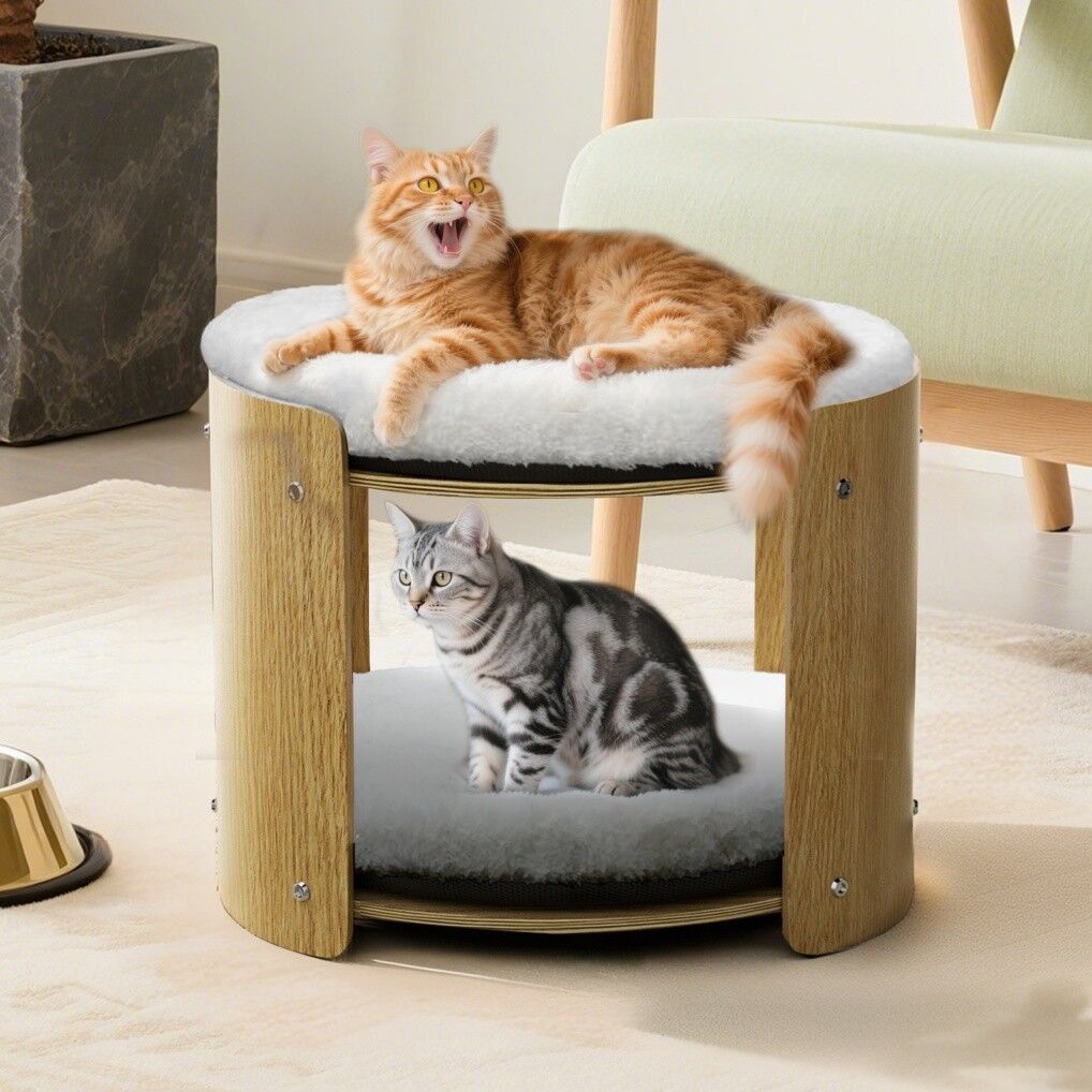Elevated Double Cat Bed 2-Tier Wooden Plush Kitten Lounge