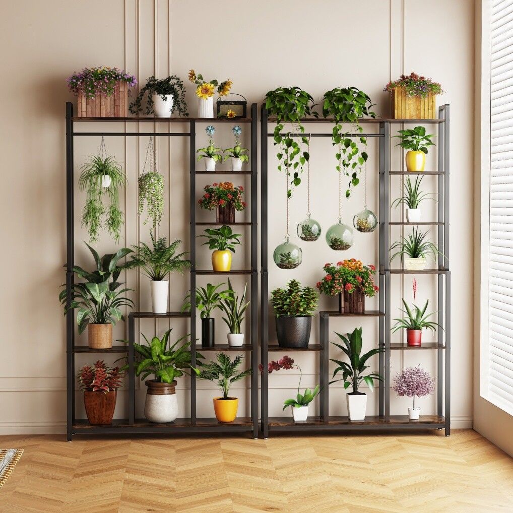 Plant Stand Shelf Rack with Hanging Rod Indoor Outdoor Display