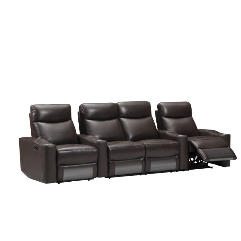 Chicago 4 Seat Home Theatre Genuine Leather Lounge with all Electric Recliners & 4 Cup Holders Brown