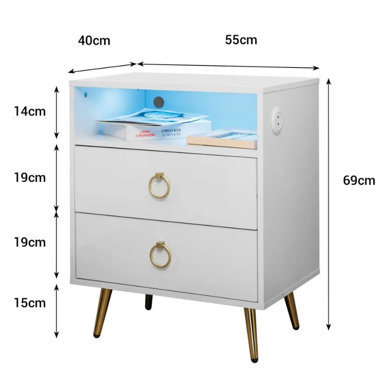 Amelia Modern LED Bedside table with USB White