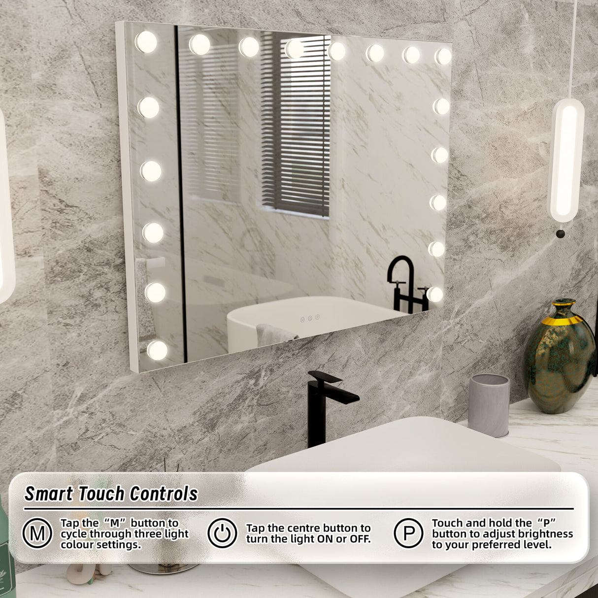 Beauty Mirror with 18 LED Bulbs, Colour Settings, White Frame, and USB A and C Ports