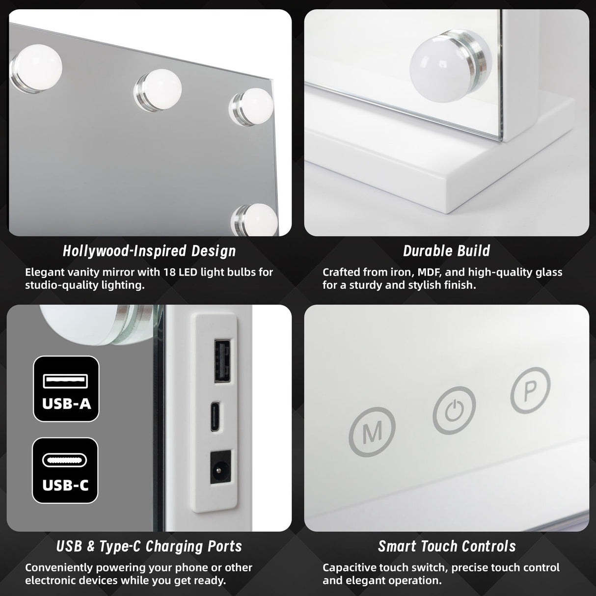 Beauty Mirror with 18 LED Bulbs, Colour Settings, White Frame, and USB A and C Ports