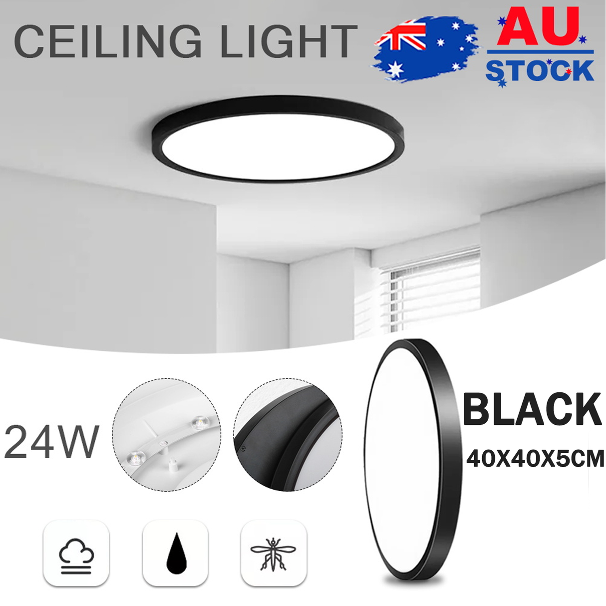 40cm black LED Ceiling Light Round 18W / 24W Oyster Lamp Modern Cool White Light