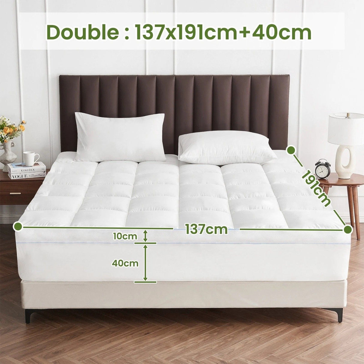 1500GSM Bamboo Mattress Topper Extra Thick 10CM Bed Topper Double: 137 x 191 + 40 cm