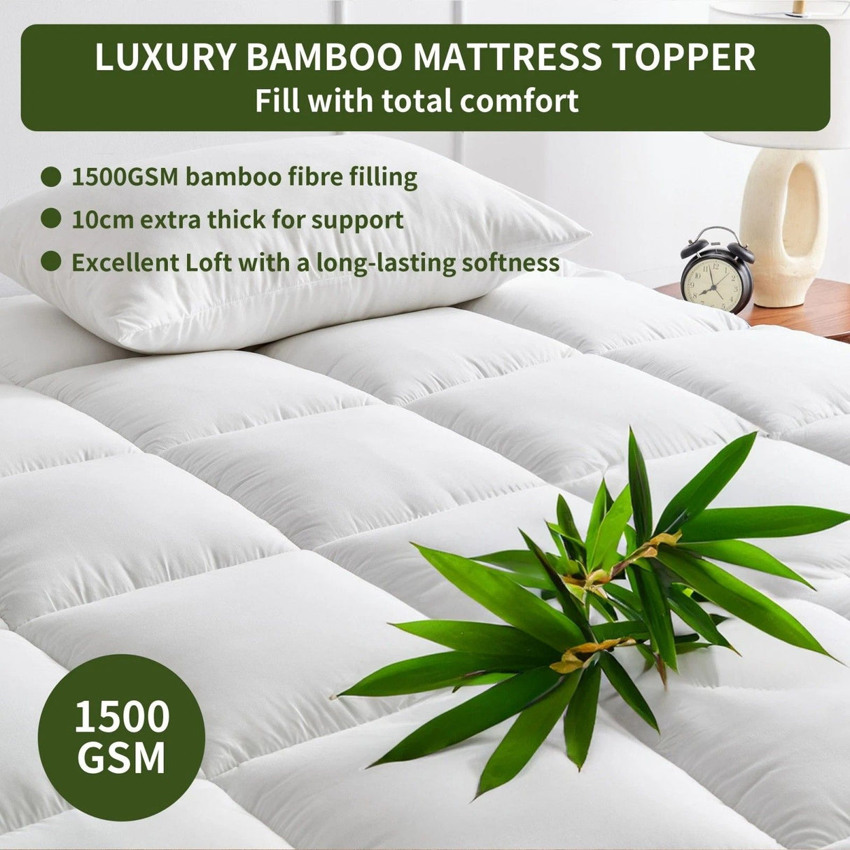 1500GSM Bamboo Mattress Topper Extra Thick 10CM Bed Topper King Single: 107 x 203 + 40 cm