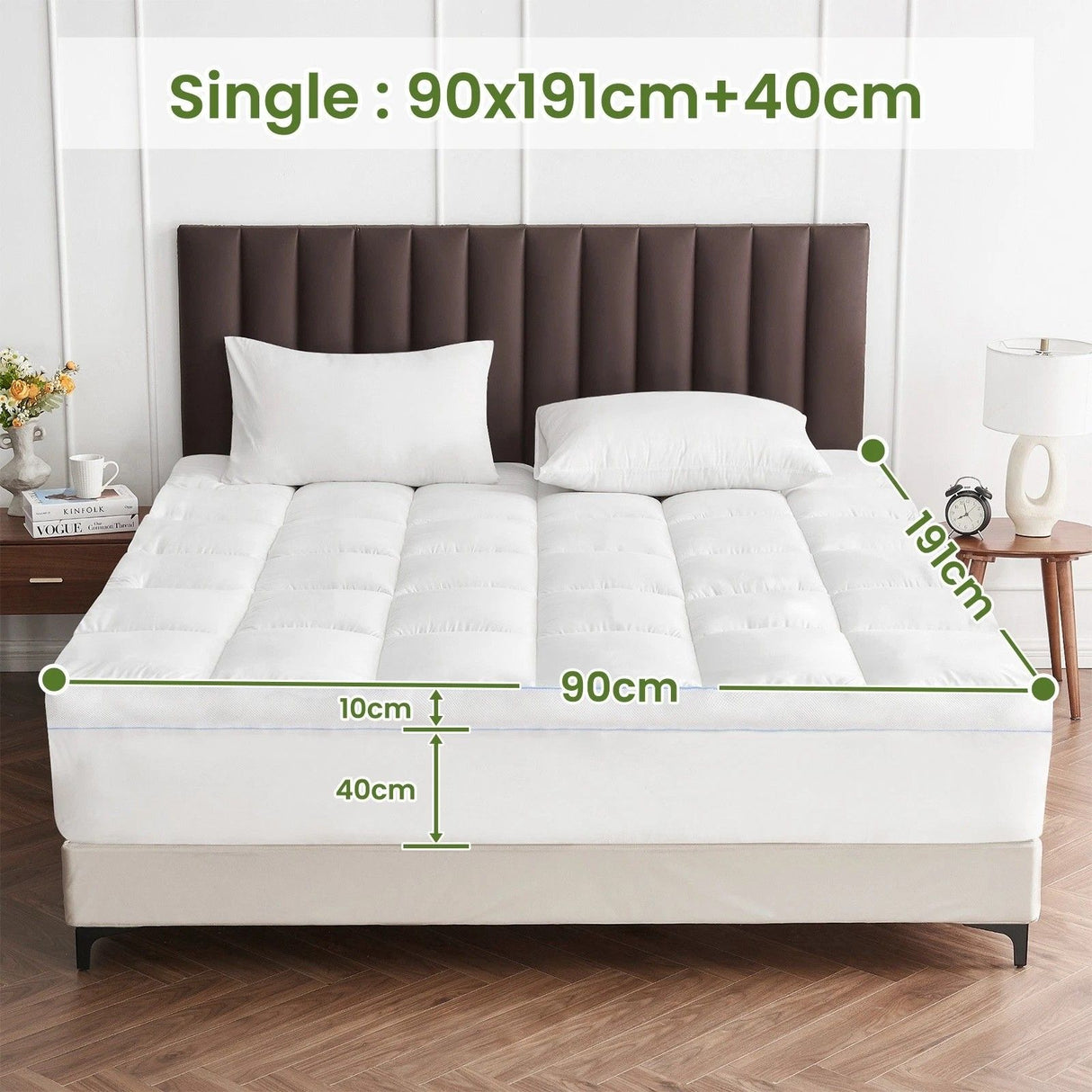 1500GSM Bamboo Mattress Topper Extra Thick 10CM Bed Topper Single: 90 x 191 + 40 cm