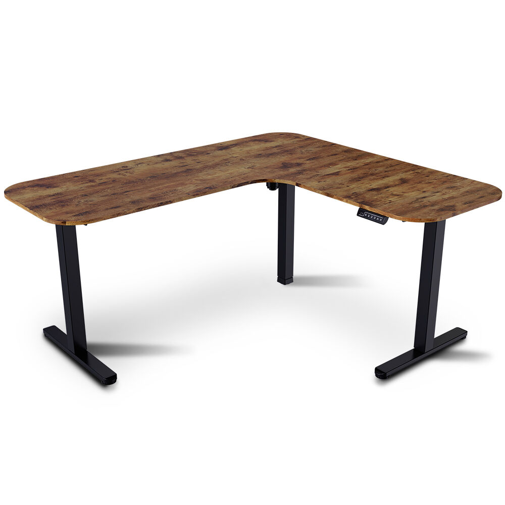 FORTIA Corner Standing Desk, 160x140cm, 72-118cm Sit to Stand Up Electric Height Adjustable, Walnut Style Desktop/Black Frame