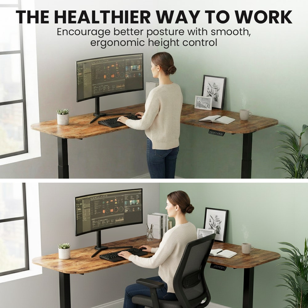 FORTIA Corner Standing Desk, 160x140cm, 72-118cm Sit to Stand Up Electric Height Adjustable, Walnut Style Desktop/Black Frame