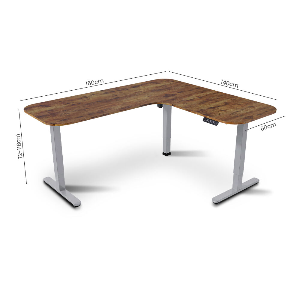 FORTIA Corner Standing Desk, 160x140cm, 72-118cm Sit to Stand Up Electric Height Adjustable, Walnut Style Desktop/Silver Frame