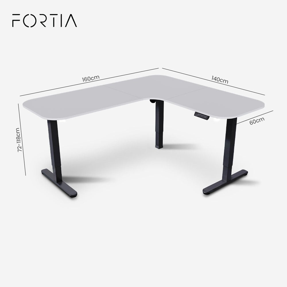 FORTIA Corner Standing Desk, 160x140cm, 72-118cm Sit to Stand Up Electric Height Adjustable, White Desktop/Black Frame
