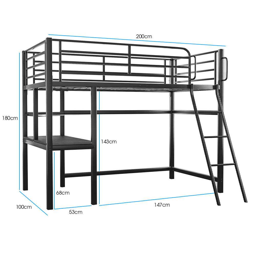 Gaming Loft Bed with Desk, Steel Metal Frame, Space Saving Design, for Single Mattress, Matte Dark Grey