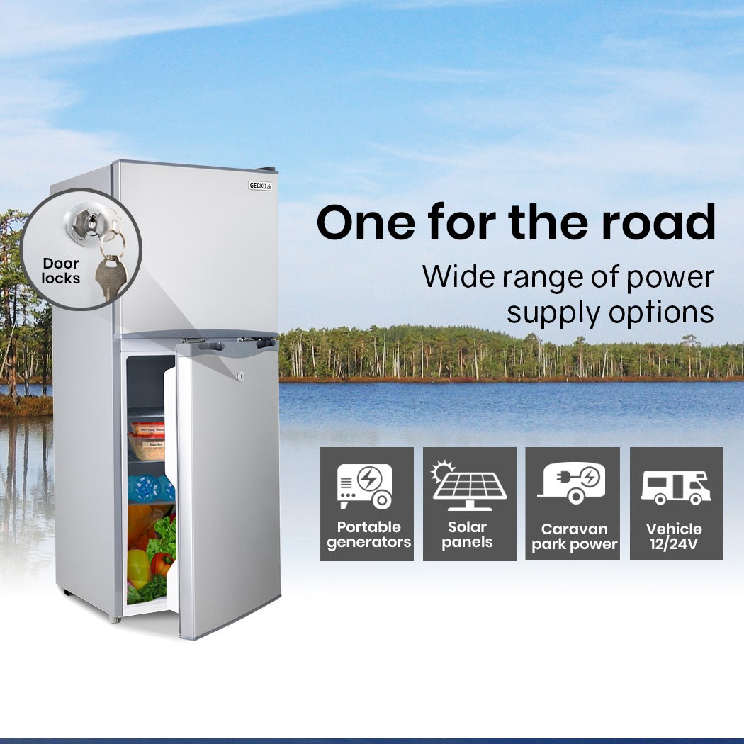 GECKO 125L Portable Upright Fridge, 12V/24V for Motorhome, Caravan, Silver