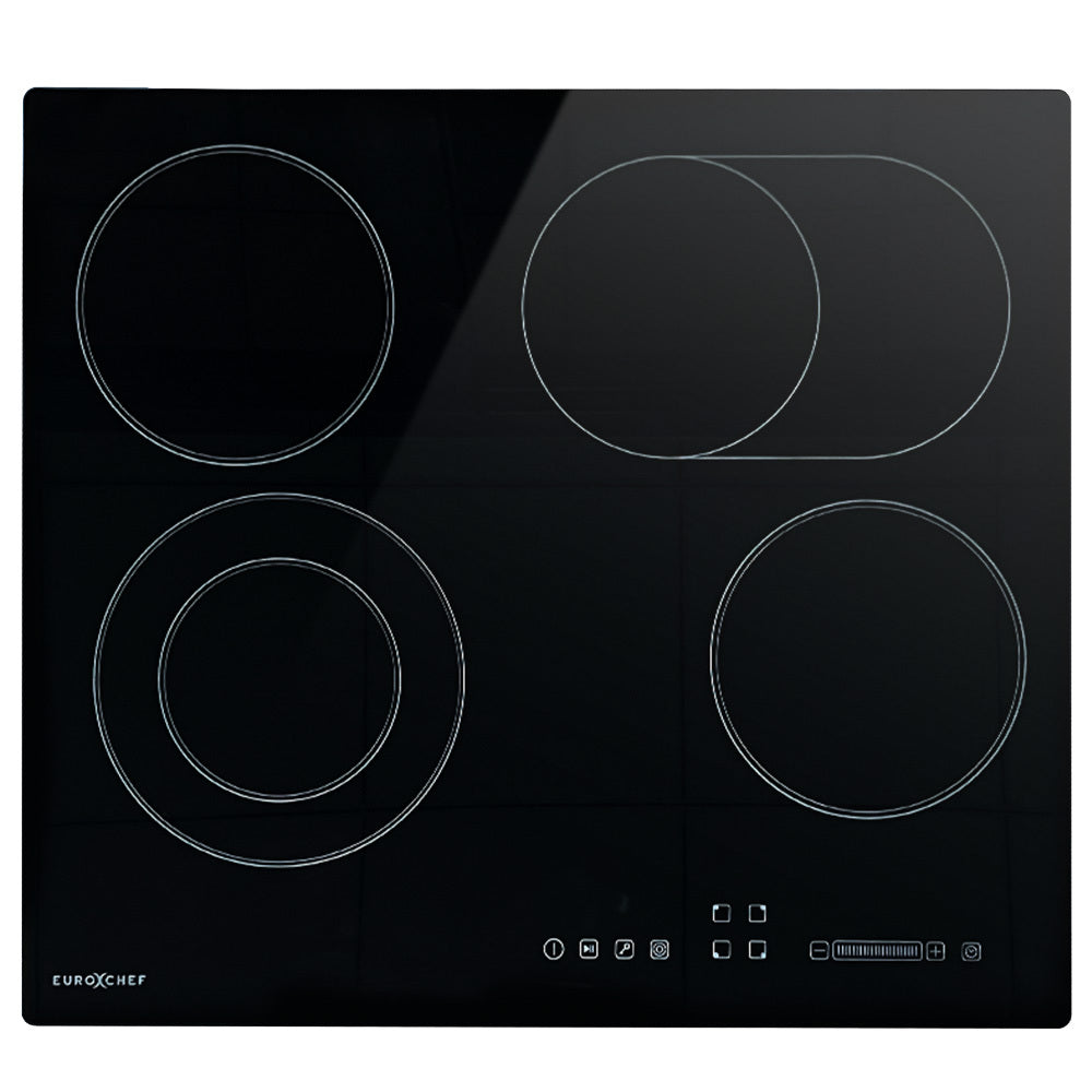 EuroChef 60cm 4 Zone Ceramic Cooktop, 6600W Electric, FlexiZone Adjustable Size Hobs, Touch Controls