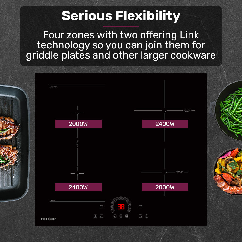 EUROCHEF 60cm 4 Zone Induction Cooktop, 7200W Electric, FlexZone Function, Touch Controls