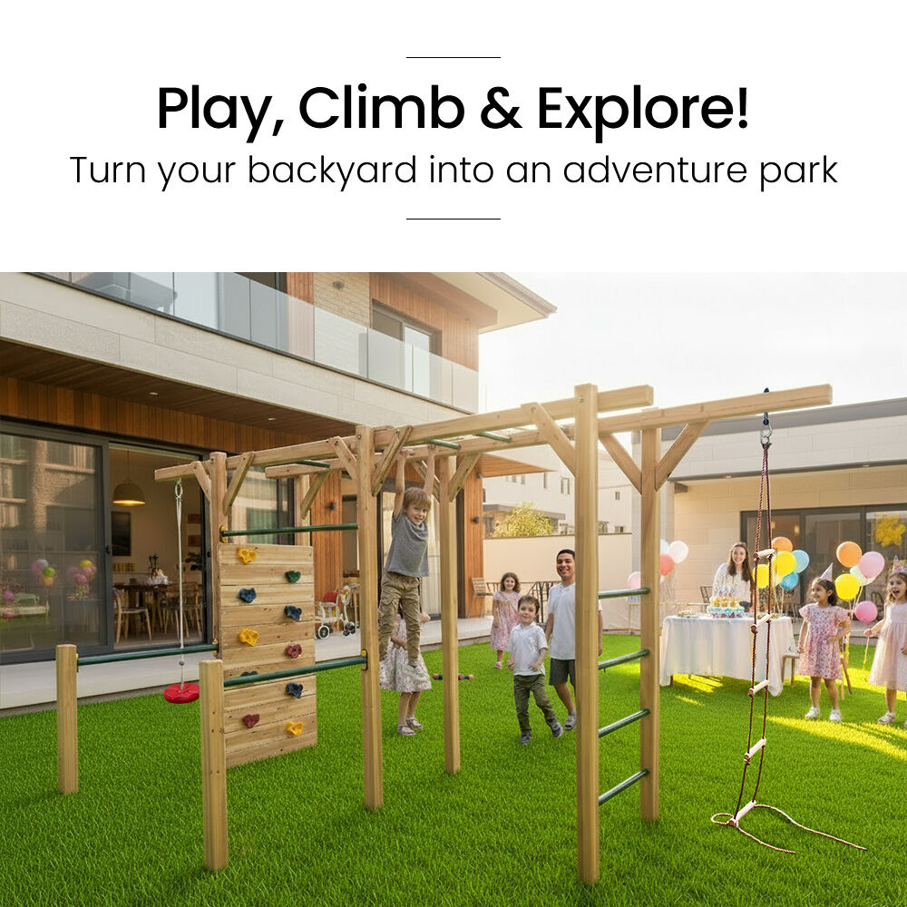 ROVO KIDS Ultimate Outdoor Monkey Bars Playset Frame, with Climbing Wall, Disc Swing, Rope Ladder