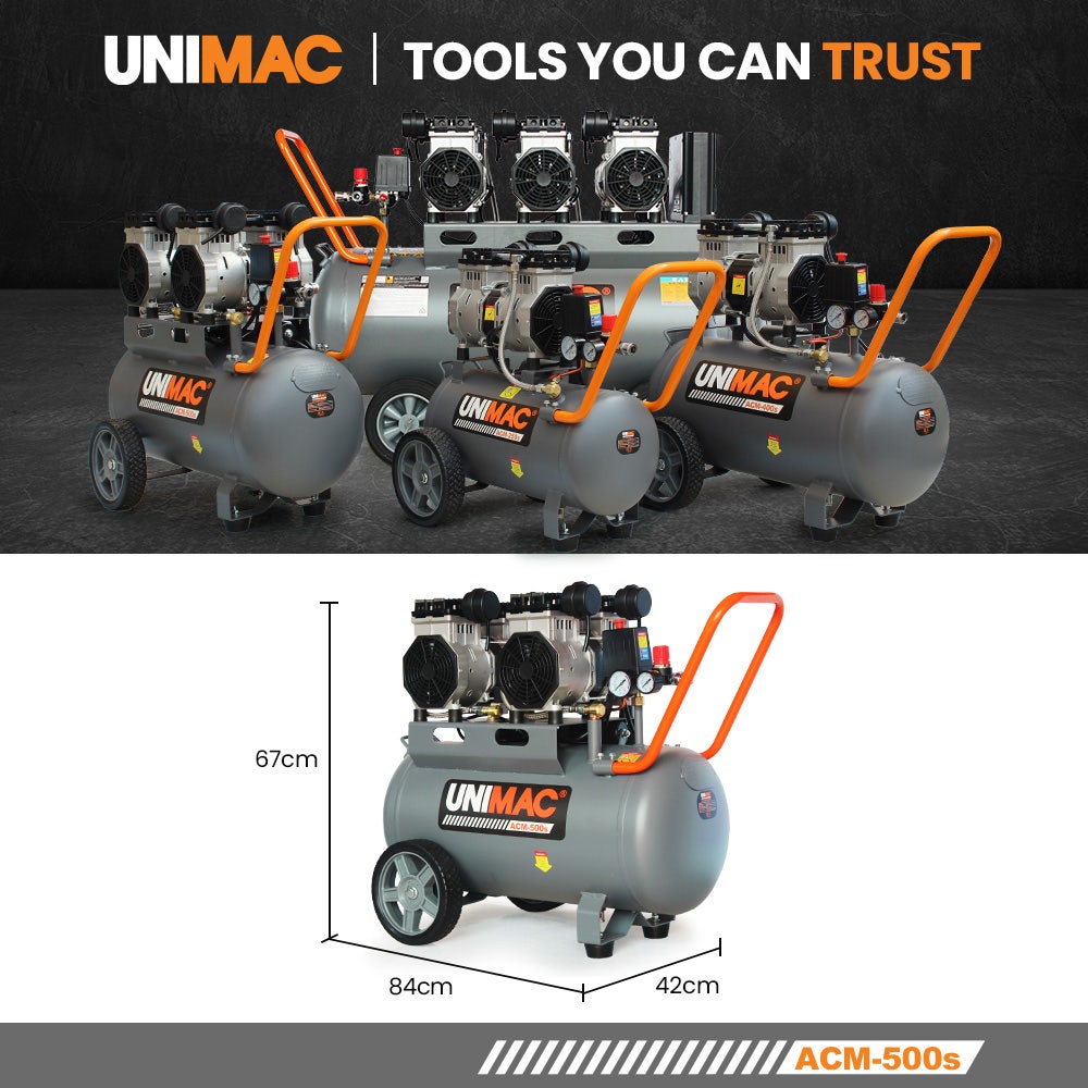 UNIMAC 50L 3.0HP Silent Oil-Free Electric Air Compressor, Portable, Twin Nitto Outlets