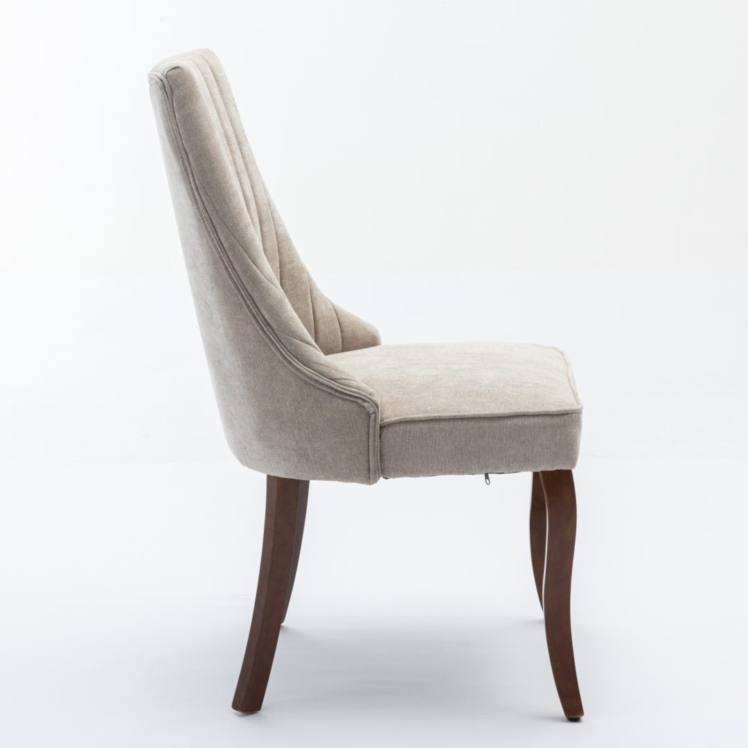 2x Fabric Channel Tufted Dining Chairs with Curved Wood Legs -Beige