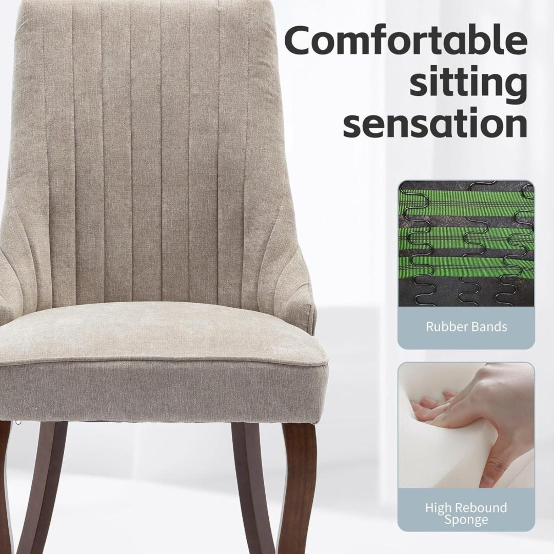 2x Fabric Channel Tufted Dining Chairs with Curved Wood Legs -Beige